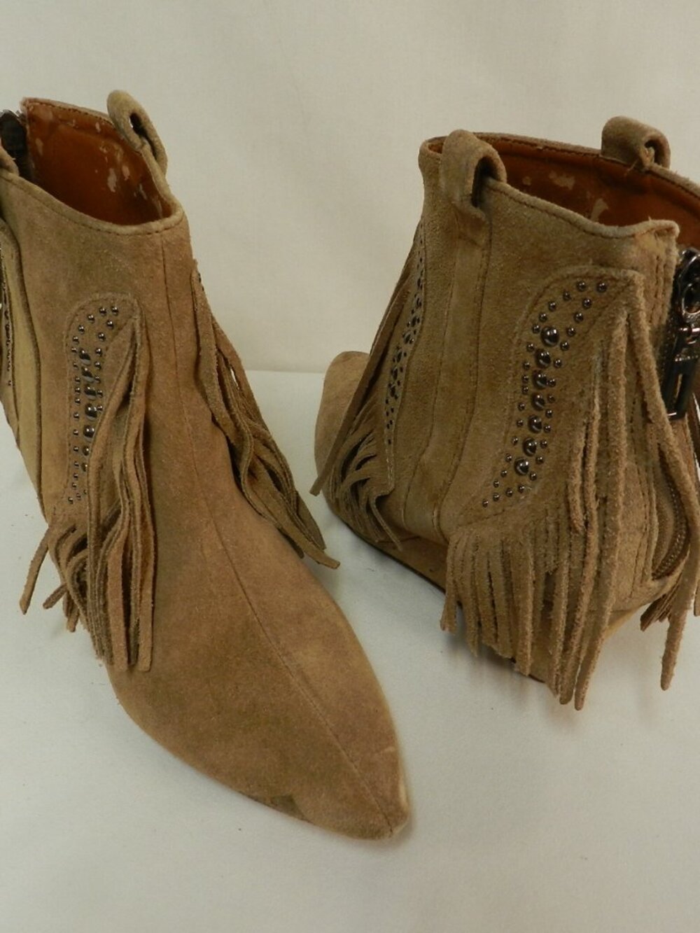 Schutz Suede Fringe Studded Wedge ankle boots western pointed brown Size Sz 9